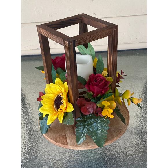 Sunflower & Rose Lantern Centerpiece – Rustic Farmhouse Table Decor Fall Accent - Picture 2 of 5